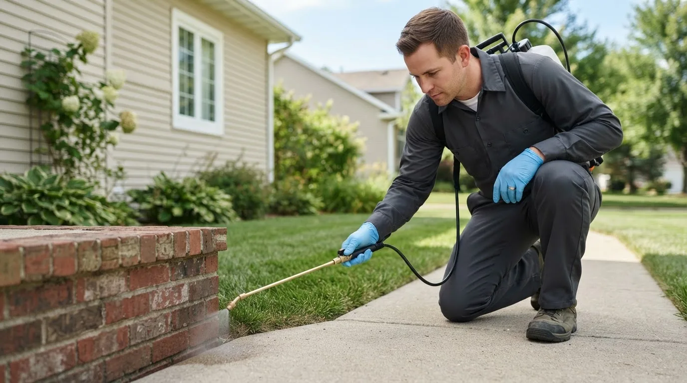 Pest control technician treating a home near Lunenburg, MA