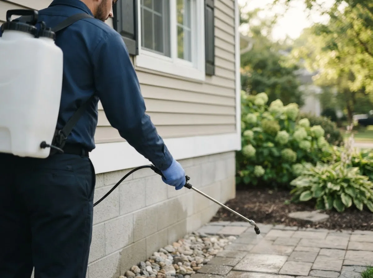 Pest control technician inspecting a home in Lunenburg, MA